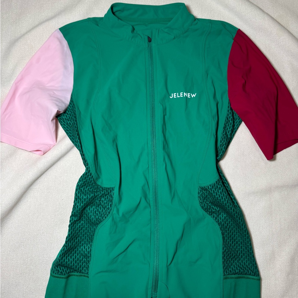 Jelenew Green and Pink Cycling Jersey